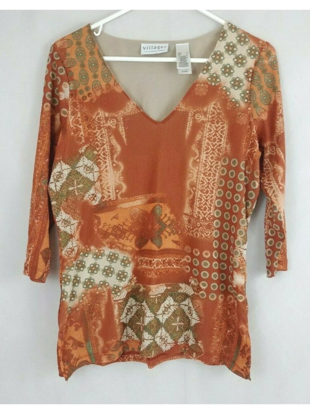 Villager Liz Claiborne 3/4 Sleeve Orange & Green African Floral Shirt Size Large
